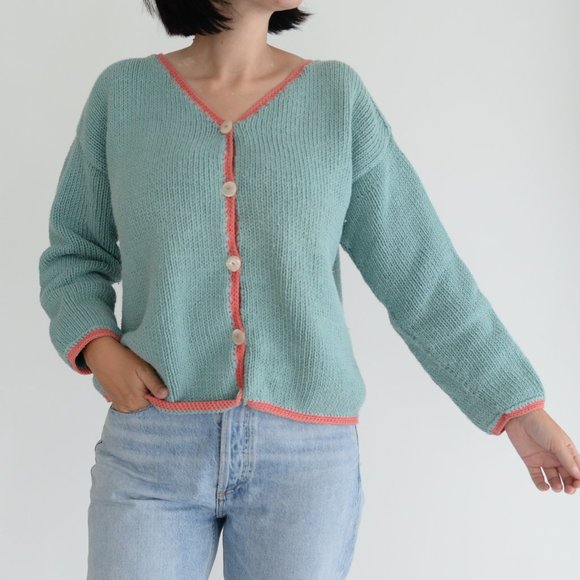 pure handknit Sweaters - Pure Handknit Teal Button Up Cardigan with Peach Detail 100% Cotton Large/XLarge